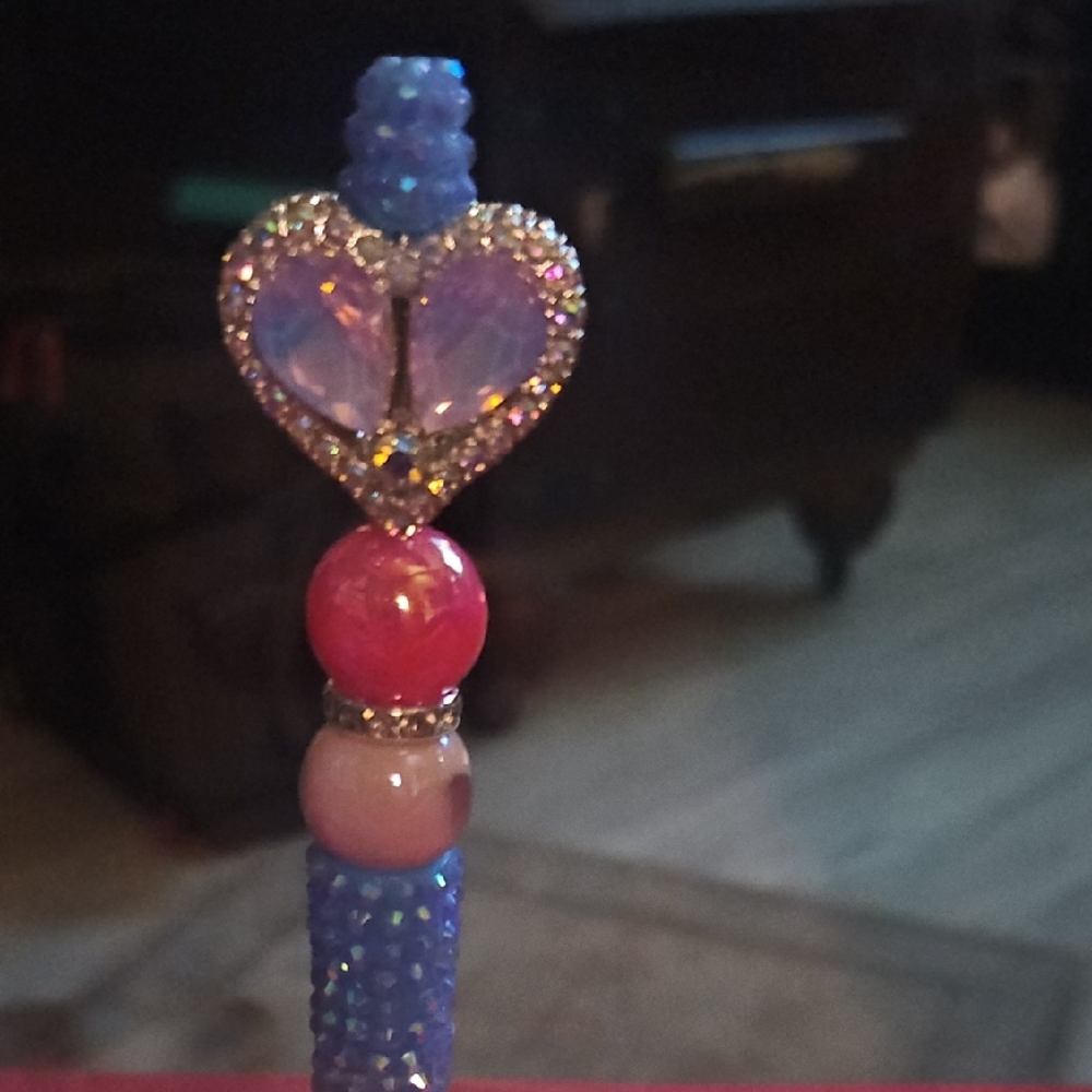 Blue and Pink Beaded Heart Pen